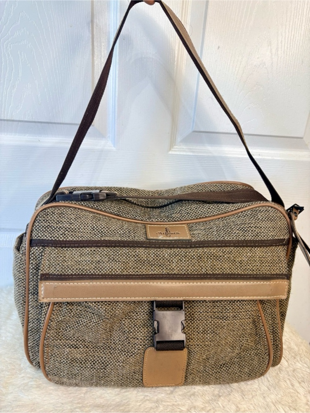 Vintage 70s Atlantic USA Tan Wool Tweed Carry-On Bag Travel Weekender Luggage